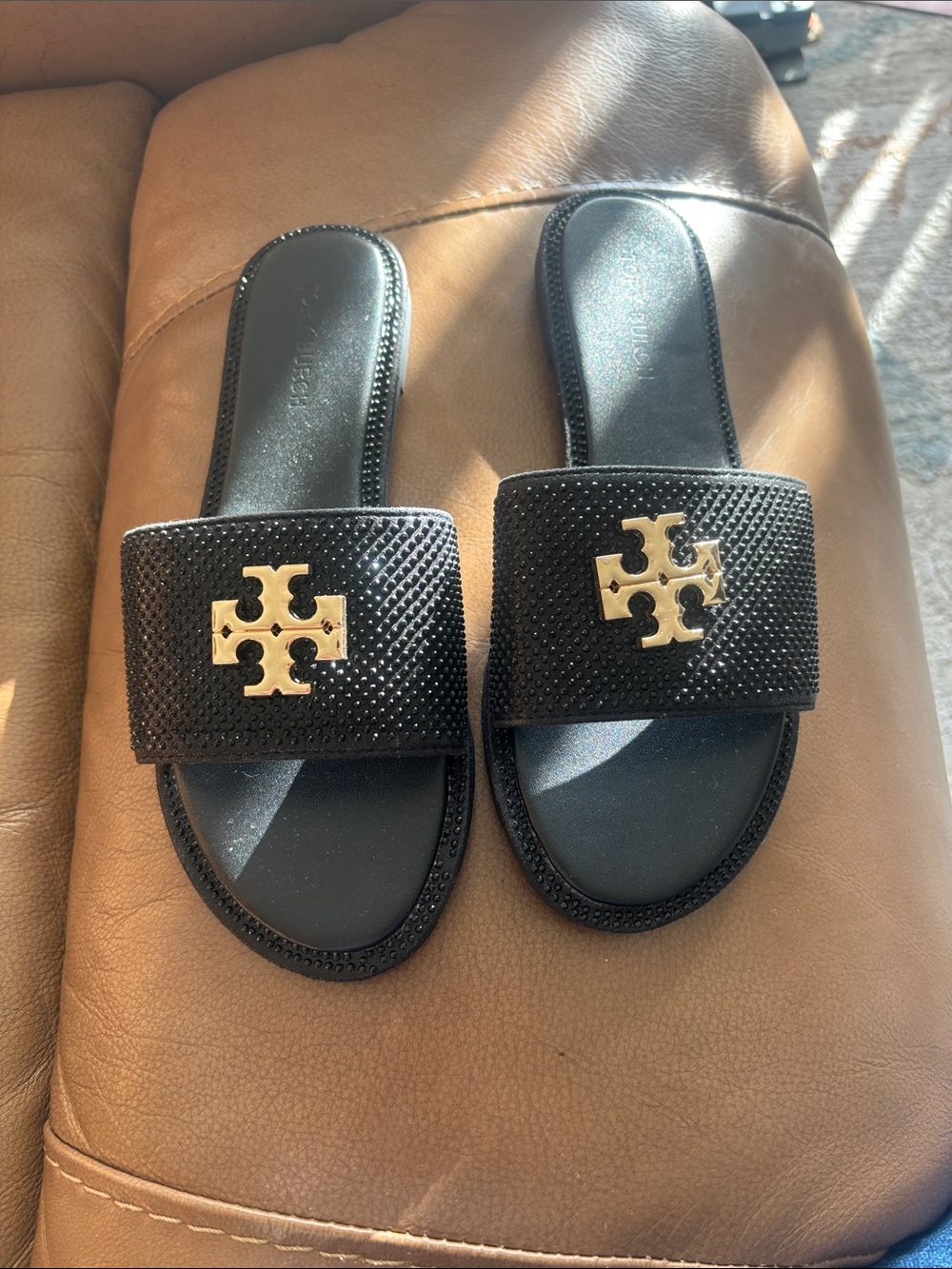 Tory Burch Black Slide Sandals with Gold Logo Accents